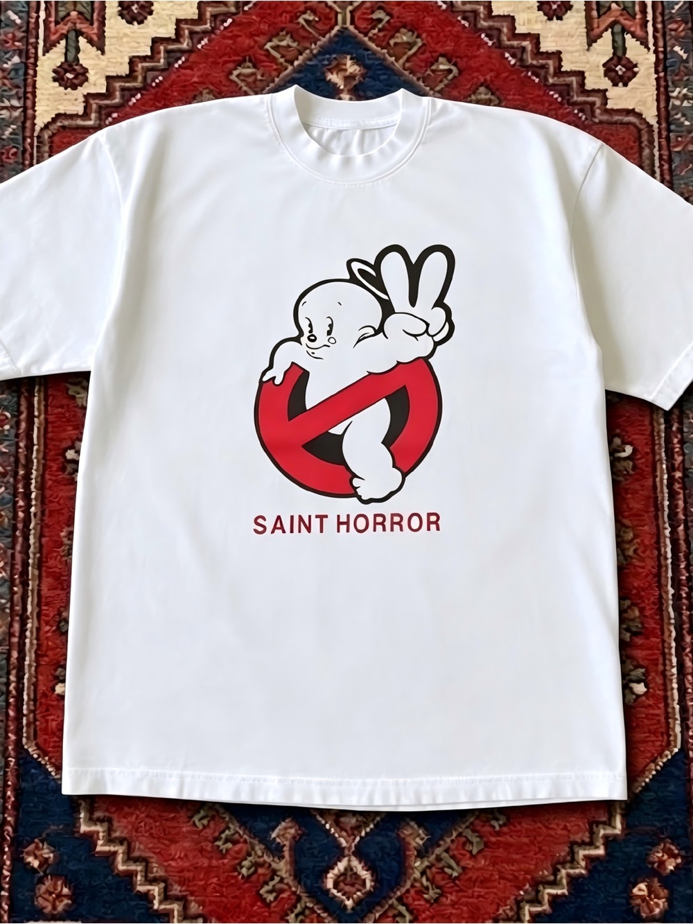Saint Horror Ghost Cartoon Peace Sign Graphic Womens Mens T-shirt Unisex